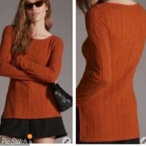 Anthropologie Long Rust Orange Terracotta Cozy Knit Ribbed Sweater Medium